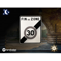 Zoom sur le film prismatique du panneau fin de zone Panneau B51 en 360 degrés I Zone 30 km | WP Signalisation