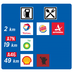 Panneau de présignalisation aire de service autoroutière avant bifurcation D48b