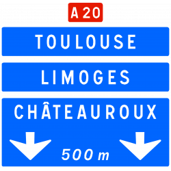 Panneau d’avertissement avec affectation de voies de bifurcation autoroutière Da41c