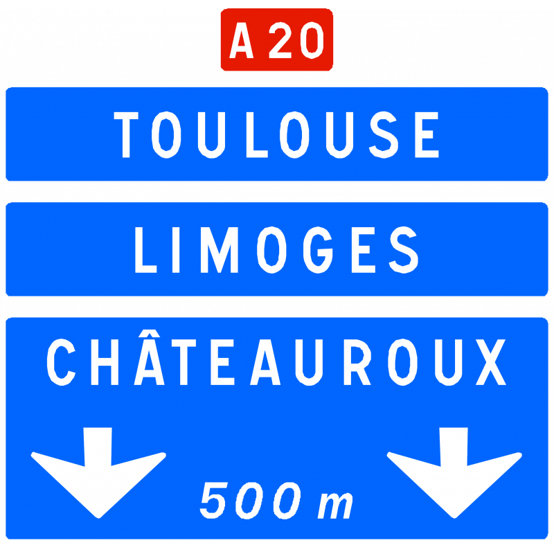 Panneau d’avertissement avec affectation de voies de bifurcation autoroutière Da41c